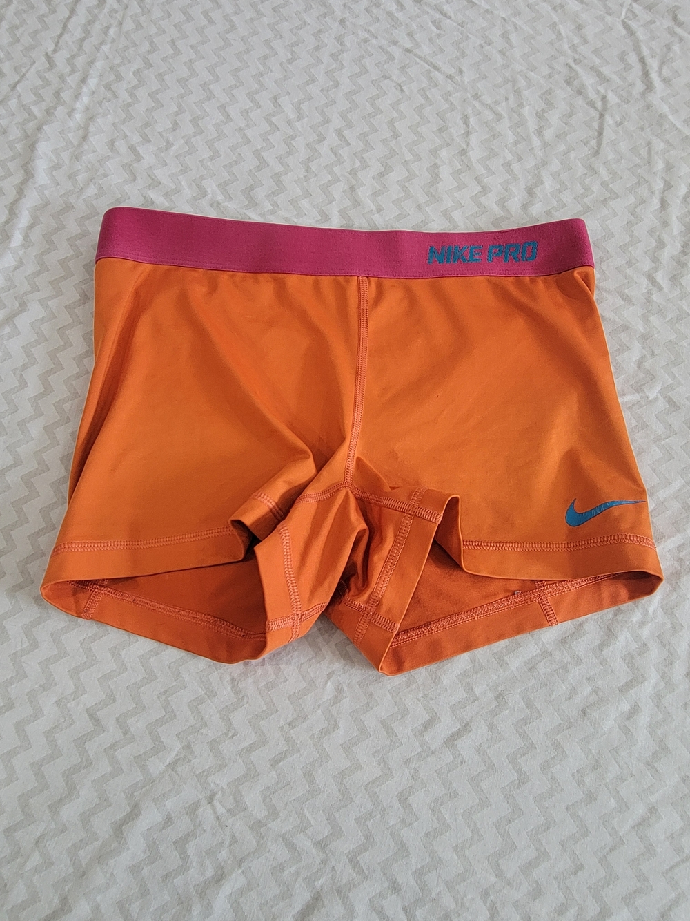 Nike Pro Orange Athletic Compression Shorts with Pink Waistband Size Large